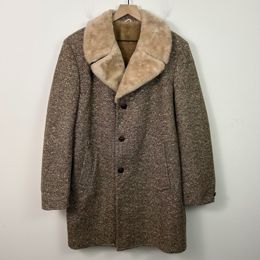 Vintage 80's Middishade Men's 42L Tweed Faux Fur‎ Coat Brown